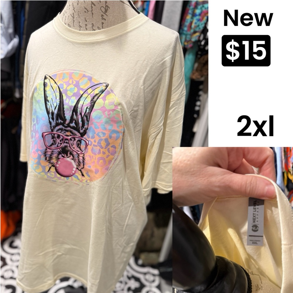 Next Level Apparel Cream Short Sleeve Tee with Pastel Bunny Graphic